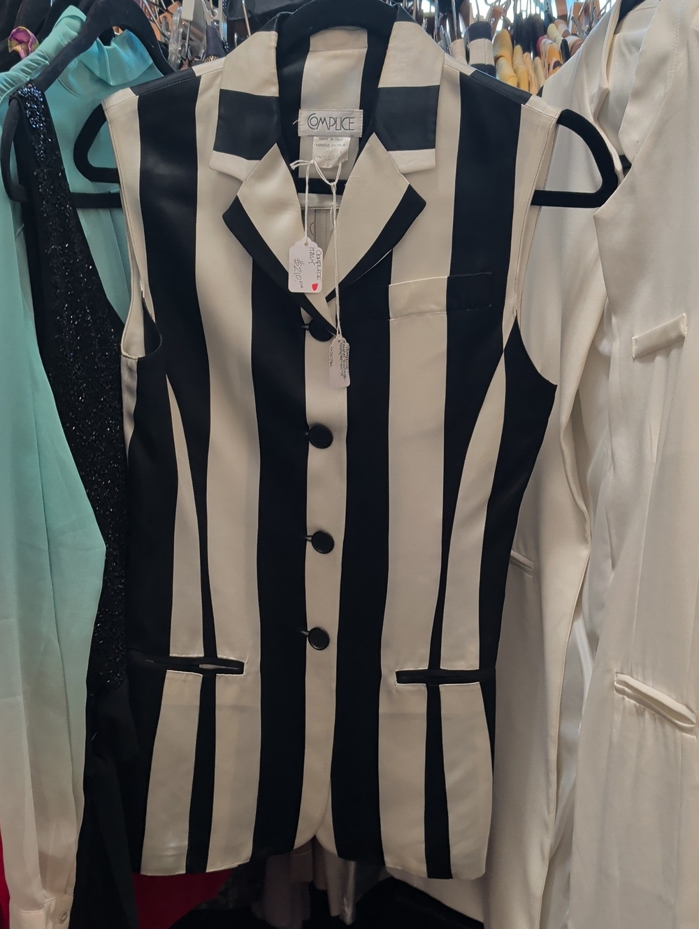 Complice 1970s Vintage Black and White Striped Sleeveless Dress